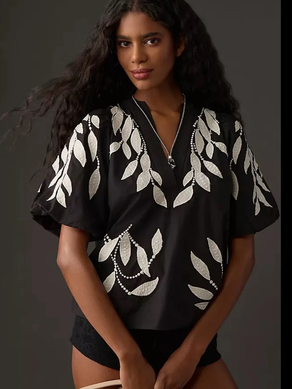 Anthropologie Black Puff Sleeve V-Neck Top with White Leaf Embroidery small